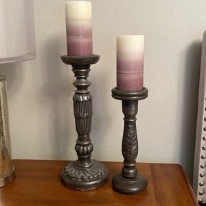Set of 2 Pillar Candle Holders Hand Carved 15” & 12” Height Great Condition